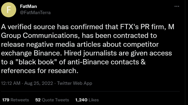 公链Terra研究员爆料FTX聘用公关抹黑币安！M Group出面否认-第2张图片-腾赚网