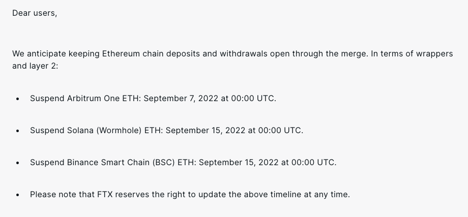 以太坊合并FTX将暂停Arbitrum、Solana、BSC上ETH充提！SBF：仍可交易-第2张图片-腾赚网