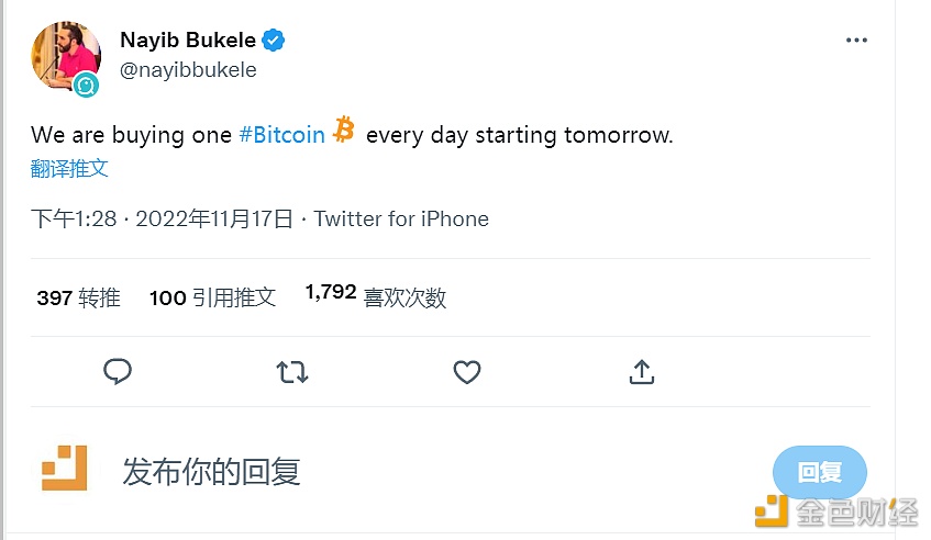 萨尔瓦多总统：从明天开始，每天购买一个BTC1
