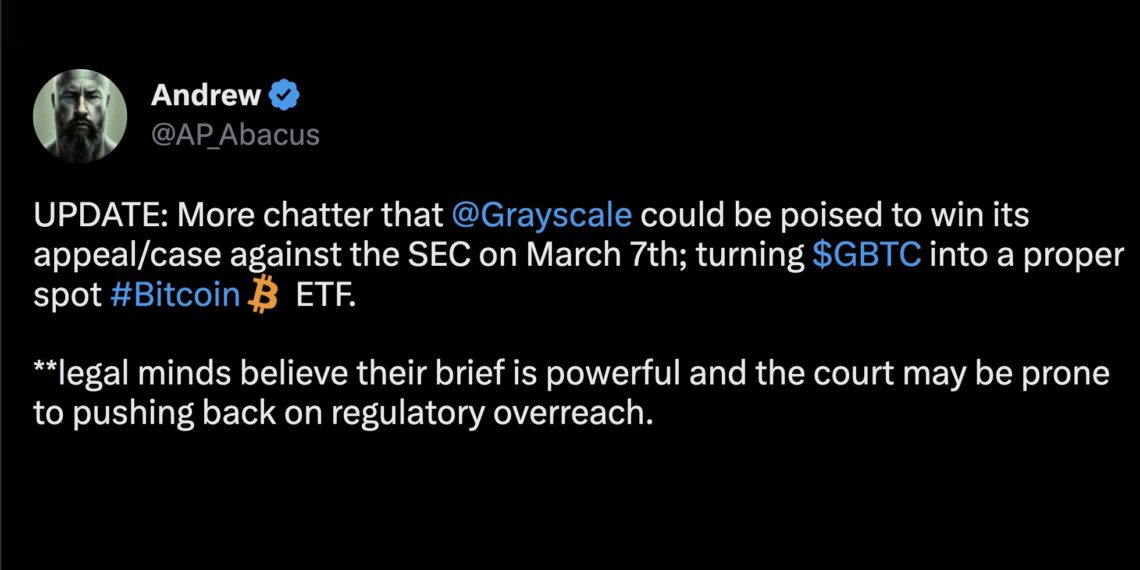 KOL表示灰度GBTC转比特币现货ETF对SEC诉讼下月可望胜诉1